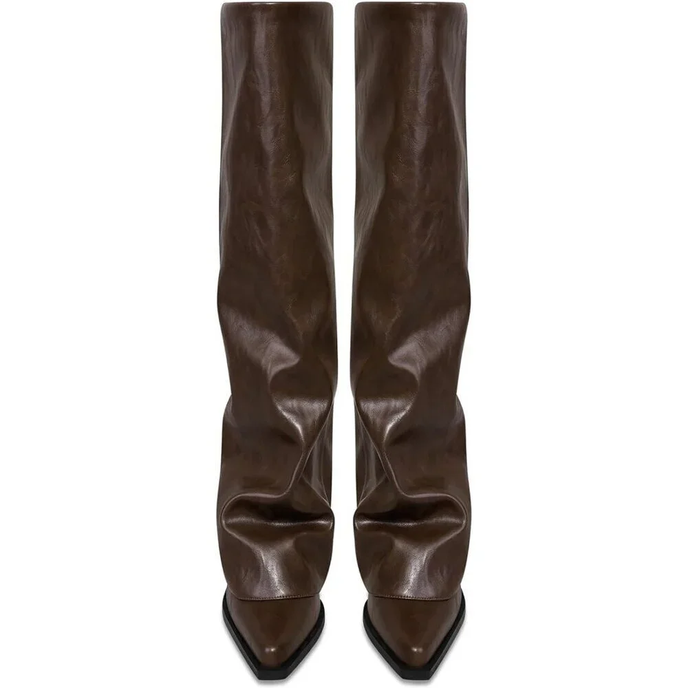 Women Brown Wide Calf Slouchy Shark Pointed Toe  Fold Over Knee High Tall Boots
